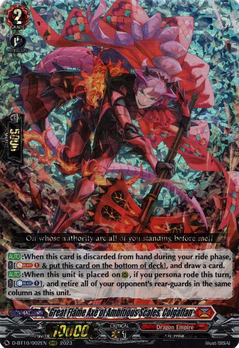 D-BT10/002EN Great Flame Axe of Ambitious Scales, Colgaflan Triple Rare (RRR)